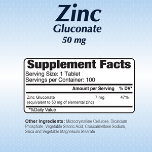 Zinc Gluconate 50mg - 100 Tablets