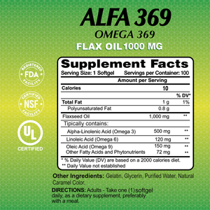 Alfa 369-Omega 369-Organic Flax Oil 1000 mg-100 soft gels