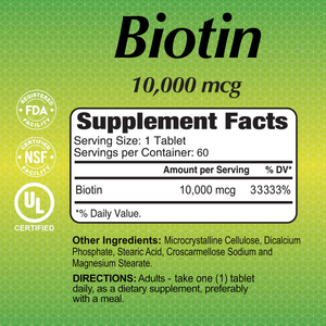 Biotin - Hair Growth Dietary Supplement-10,000 mcg - 60 tablets