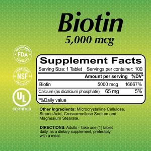 Biotin - Hair Growth Dietary Supplement-5,000 mcg-100 tablets