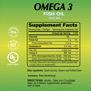 Omega 3-Dietary Supplement with 1000mg Fish Oil - 100 softgels